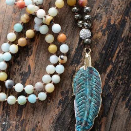 Long Amazonite Pyrite Beaded Necklace W/ Gold..