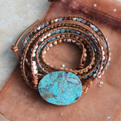 Huge Turquoise Jasper Stone Wrap Bracelet - 5x..