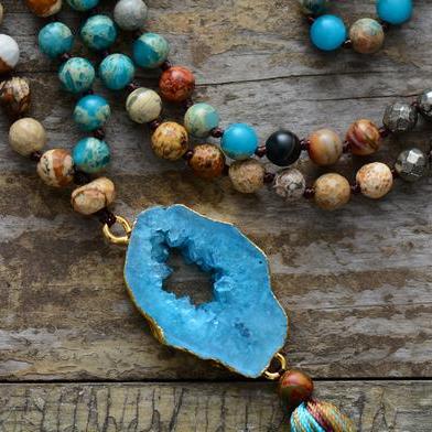 Long Beaded Druzy Necklace in Natur..