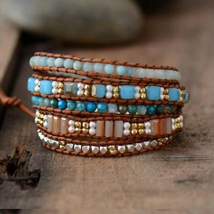 5x Bohemian Beaded Wrap Bracelet - Natural Stones,..