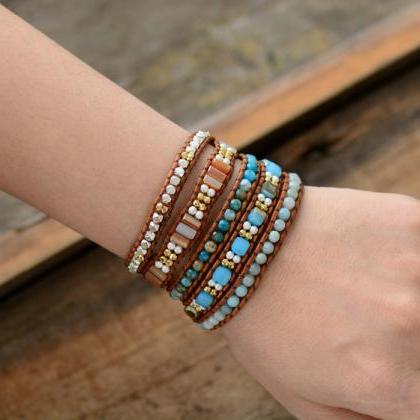 5x Bohemian Beaded Wrap Bracelet - Natural Stones,..