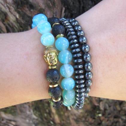 Natural Lava Stone and Teal Blue Ag..