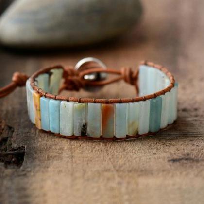 Amazonite Beaded Bracelet on Tan Le..
