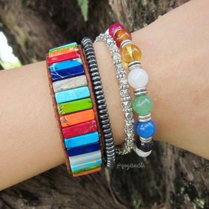 7 Chakra Rainbow Tubestone Leather Cuff Bracelet