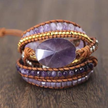 Natural Amethyst Stone Leather Wrap Bracelet -..