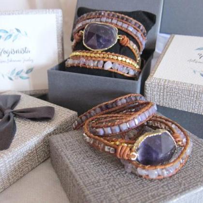 Natural Amethyst Stone Leather Wrap Bracelet -..