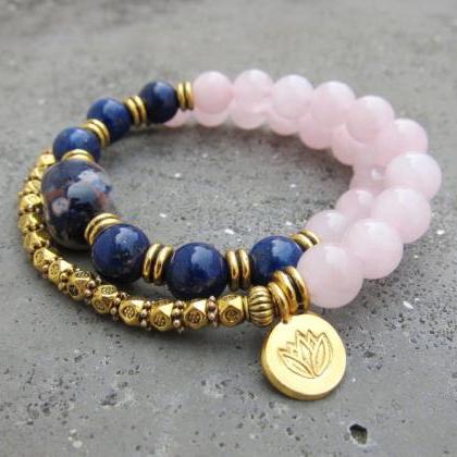 Lapis Lazuli, Rose Quartz Mala Bead Bracelet W/..