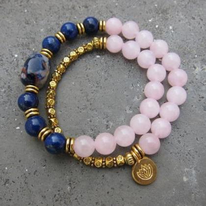 Lapis Lazuli, Rose Quartz Mala Bead Bracelet W/..