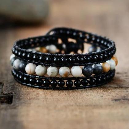 Black Onyx Jasper Cuff Leather Bracelet