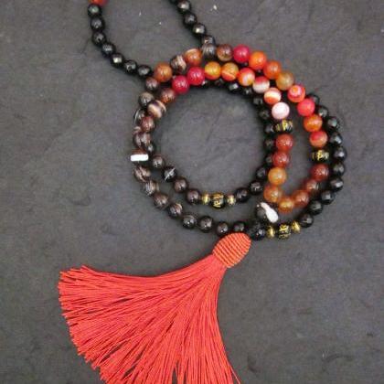 108 Mala Beaded Necklace In Red Orange Brown Line..