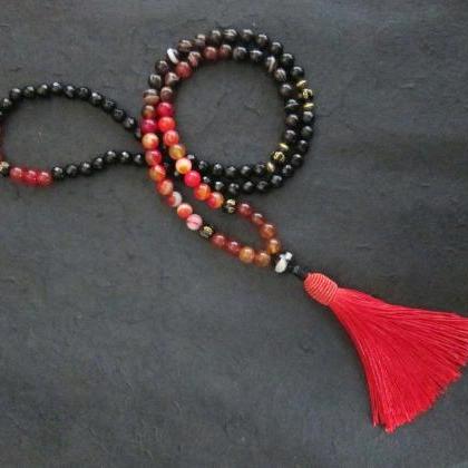 108 Mala Beaded Necklace In Red Orange Brown Line..