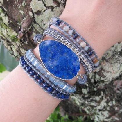 Alexander Blue Lapis Lazuli Stone Mix Leather Wrap..