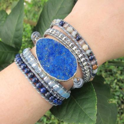 Alexander Blue Lapis Lazuli Stone Mix Leather Wrap..