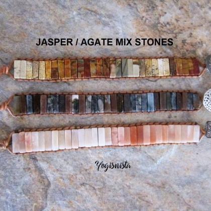 Jasper Agate Mix Tubestone Leather Bracelet
