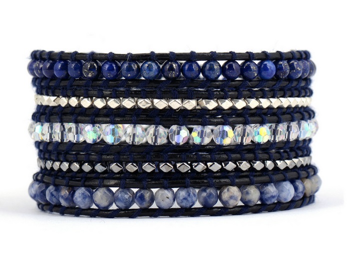 The Midnight Blue Wrap Bracelet | Lapis Sodalite Crystal & Silver Hematite Beads On Black Leather