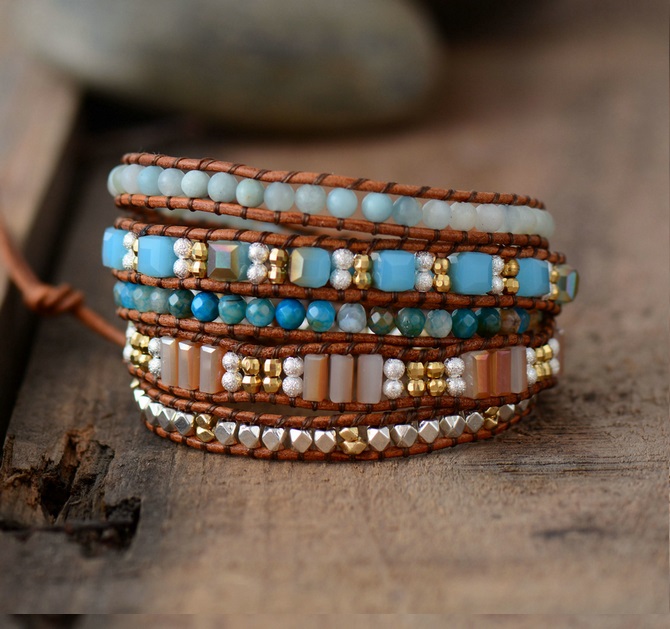 5x Bohemian Beaded Wrap Bracelet - Natural Stones, Square Shaped Crystals And Gold Beads With Tree Of Life Button Closure