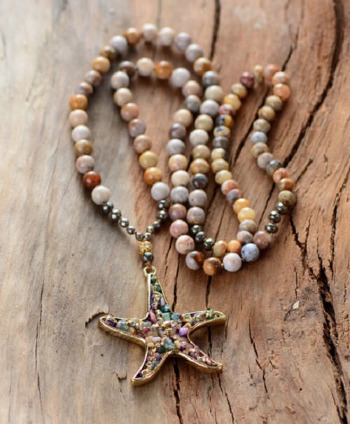 Starfish Pendant Necklace In Vintage Chrysanthemum Beaded Stones | Boho Pendant Necklace | Boho Accessories | Statement Necklace
