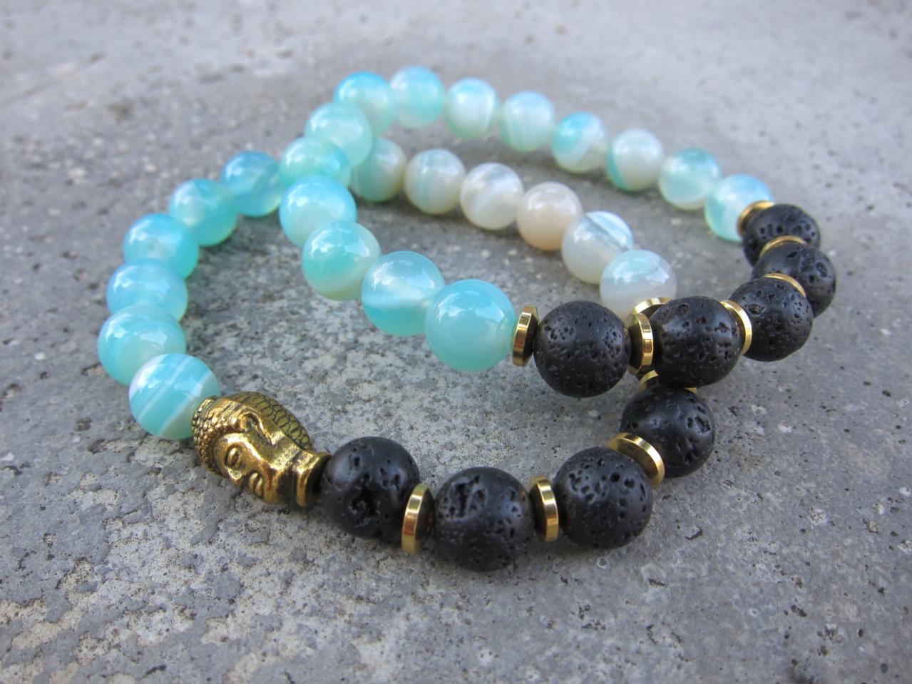 Natural Lava Stone and Teal Blue Agate Mala Bracelet - Aromatherapy Bracelet