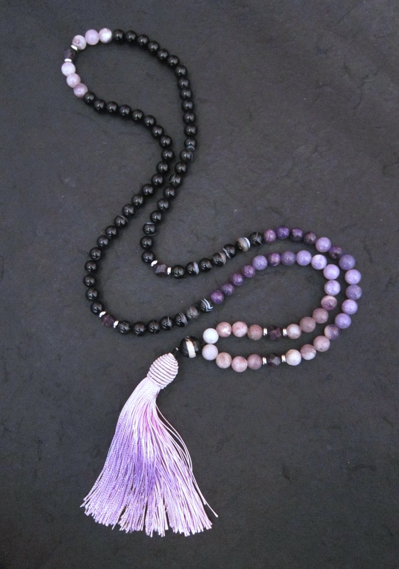 108 Beaded Tassel Necklace in Agate, Amethyst, Charoite ~ Root Chakra Mala