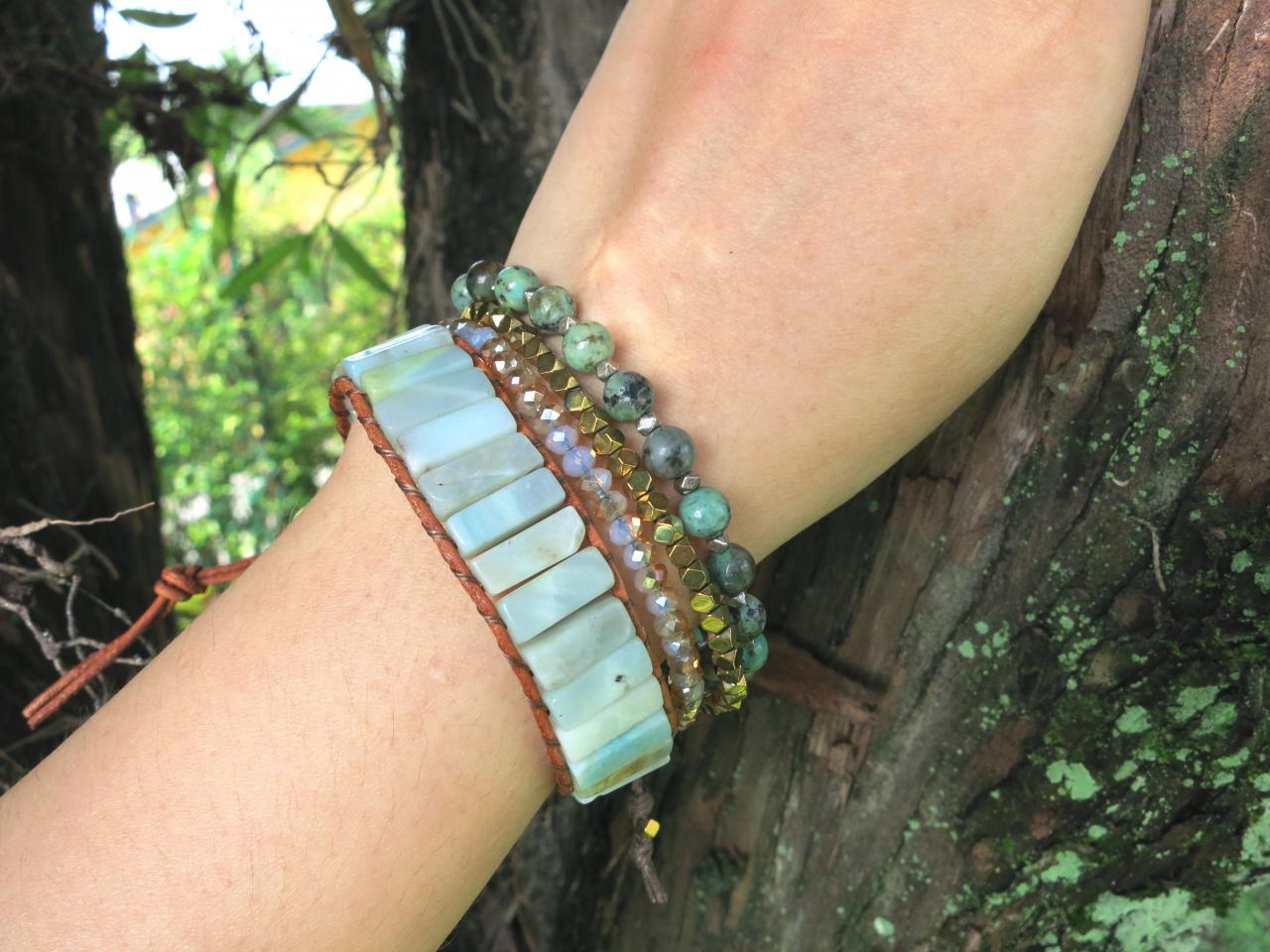 Amazonite Beaded Bracelet on Tan Leather Cord - Artisan Boho Chic Chan Luu Inspired