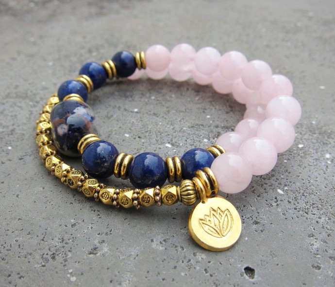 Lapis Lazuli, Rose Quartz Mala Bead Bracelet W/ 24k Gold Vermeil Lotus Charm, Sodalite Guru Bead; Yoga Bracelet; Love Bracelet