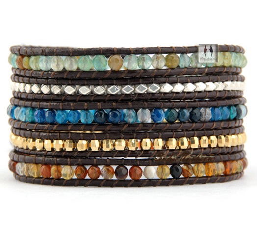 Mixed Agate with Silver and Gold Nuggets 5X Wrap Beaded Bracelet - Chan Luu Inspired - Artisan Bohemian Jewelry