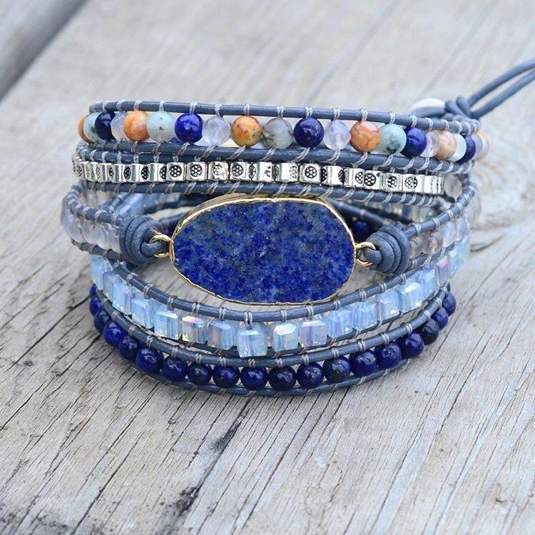 Alexander Blue Lapis Lazuli Stone Mix Leather Wrap Bracelet