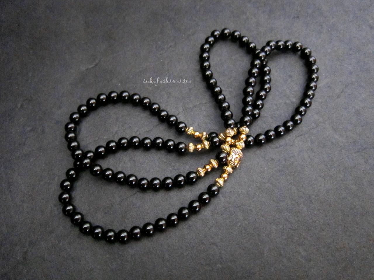 108 Mala Necklace Bracelet, Black Agate Mala Necklace w/ Buddha Head Bead, Yoga Necklace; Meditation Jewelry, Boho Beaded Necklace