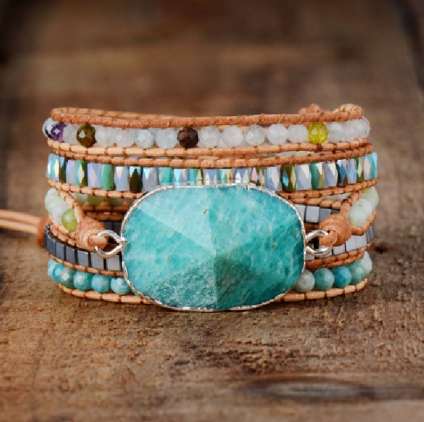Natural Russian Amazonite Stone Wrap Mix Beaded Bracelet - OOAK Artisan Bracelet