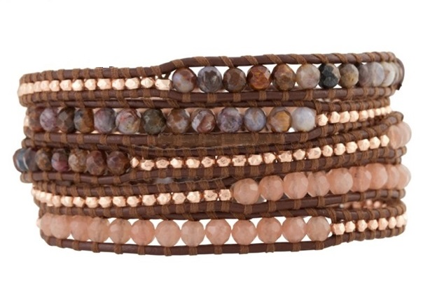 Beaded Wrap Bracelet - Pink Rose Jade, Agate Mix on Brown Leather - Artisan Boho Jewelry; Gift Idea For Her; Mother's Day