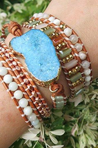 Genuine Druzy Bracelet | Natural Unique Mixed Stones Gilded by Druzy Charm | 5X Wrap Bracelet | Bohemian Bracelet with Button Closure | Statement Jewelry