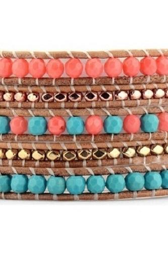 Boho Pink Salmon Beaded Wrap Bracelet - Stackable Wrap Bracelet - Chan Luu Inspired - Bohemian Handmade Jewelry