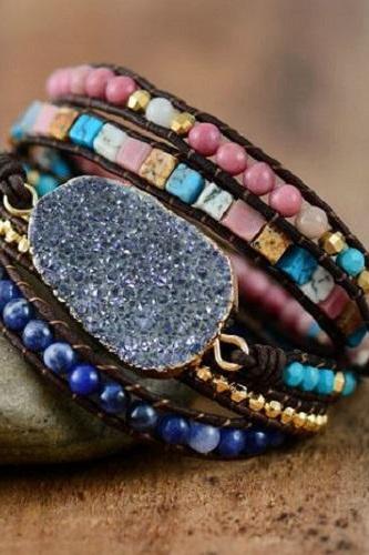 Genuine Druzy Bracelet | Natural Square Shaped Semi-precious Stones | Triple Wrap Bracelet | Bohemian Druzy Bracelet | Minimalist Jewelry
