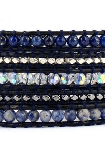 The Midnight Blue Wrap Bracelet | Lapis Sodalite Crystal & Silver Hematite Beads on Black Leather