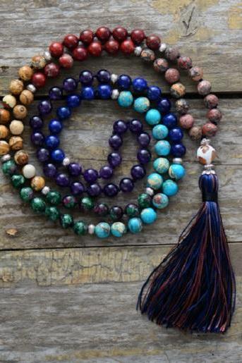 7 Chakra Mala Beaded Necklace in Natural Stones - Long Tassel Mala Necklace for Meditation - Knotted Bead Yoga Jewelry