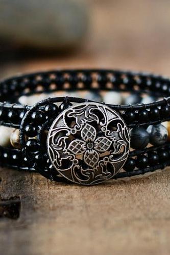 Unique Boho Wrap Bracelet in Onyx | Semi Precious Stone Beaded Bracelet | Bohemian Bracelet | Boho Accessories