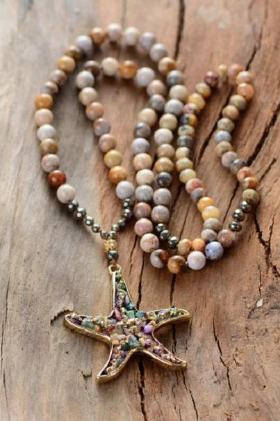 Starfish Pendant Necklace In Vintage Chrysanthemum Beaded Stones | Boho Pendant Necklace | Boho Accessories | Statement Necklace