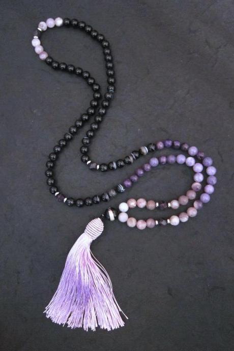 108 Beaded Tassel Necklace in Agate, Amethyst, Charoite ~ Root Chakra Mala