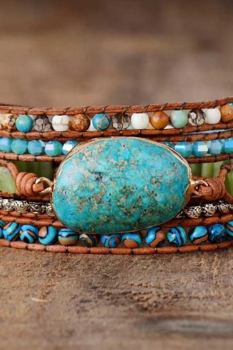 Beautiful Turquoise Gilded Jasper Stone Beaded Wrap Bracelet