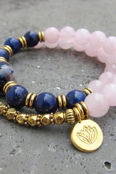 Lapis Lazuli, Rose Quartz Mala Bead Bracelet W/ 24k Gold Vermeil Lotus Charm, Sodalite Guru Bead; Yoga Bracelet; Love Bracelet