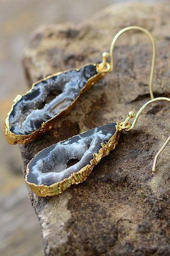 Natural Sliced Grey Amethyst Geode Earrings Dipped In Gold