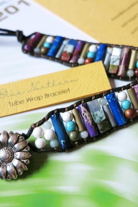 Natural Tube Gem stone in Leather Wrap Bracelet | Semi Precious Stone Beaded Bracelet | Bohemian Bracelet