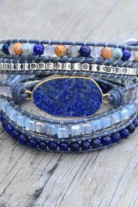 Alexander Blue Lapis Lazuli Stone Mix Leather Wrap Bracelet