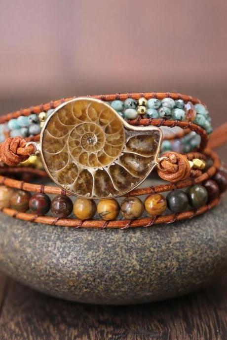 Natural Ammonite Fossil Jasper & African Turquoise Wrap Bracelet - Artisan Bohemian Bracelet, Boho Beaded Wrap Bracelet