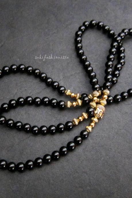 108 Mala Necklace Bracelet, Black Agate Mala Necklace w/ Buddha Head Bead, Yoga Necklace; Meditation Jewelry, Boho Beaded Necklace