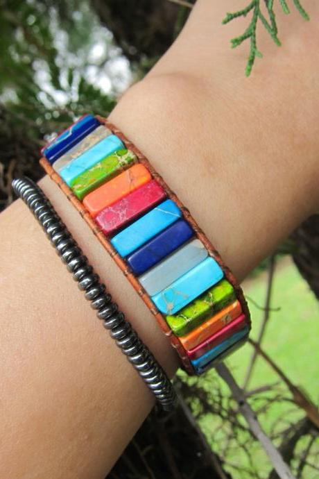 7 Chakra Colors Tubestone Leather Beaded Wrap Bracelet
