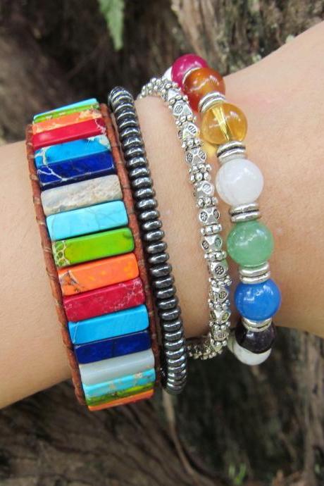 7 Chakra Rainbow Tubestone Leather Cuff Bracelet
