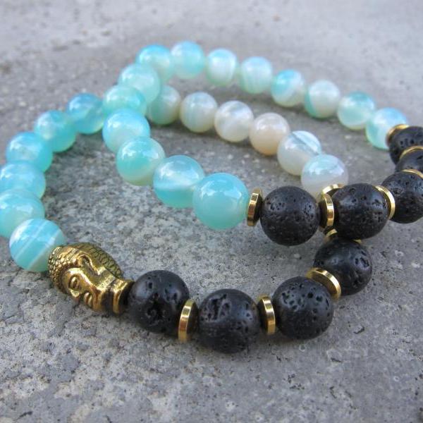 Natural Lava Stone and Teal Blue Agate Mala Bracelet - Aromatherapy Bracelet